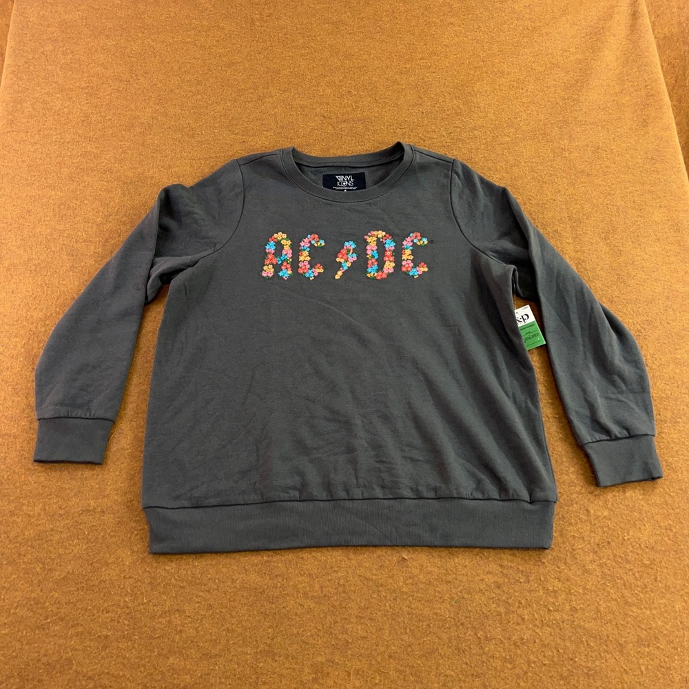 Vinyl Icons Women Small Gray AC/DC Floral Logo Embroidered Fleece Sweatshirt NWT